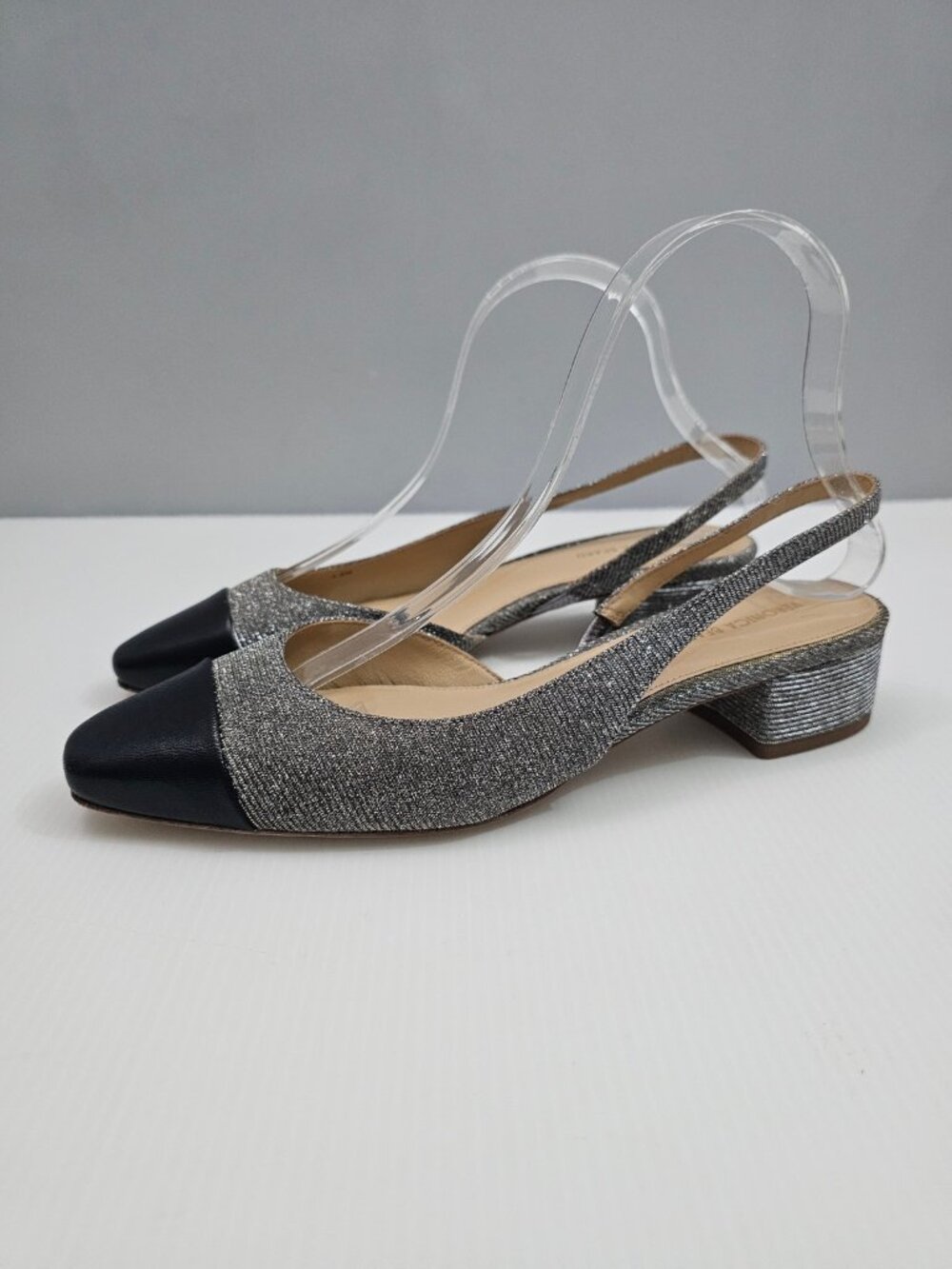 Veronica Beard Cecile Lurex Slingback Pumps Womens 7.5 Silver Black Cap Toe Heel